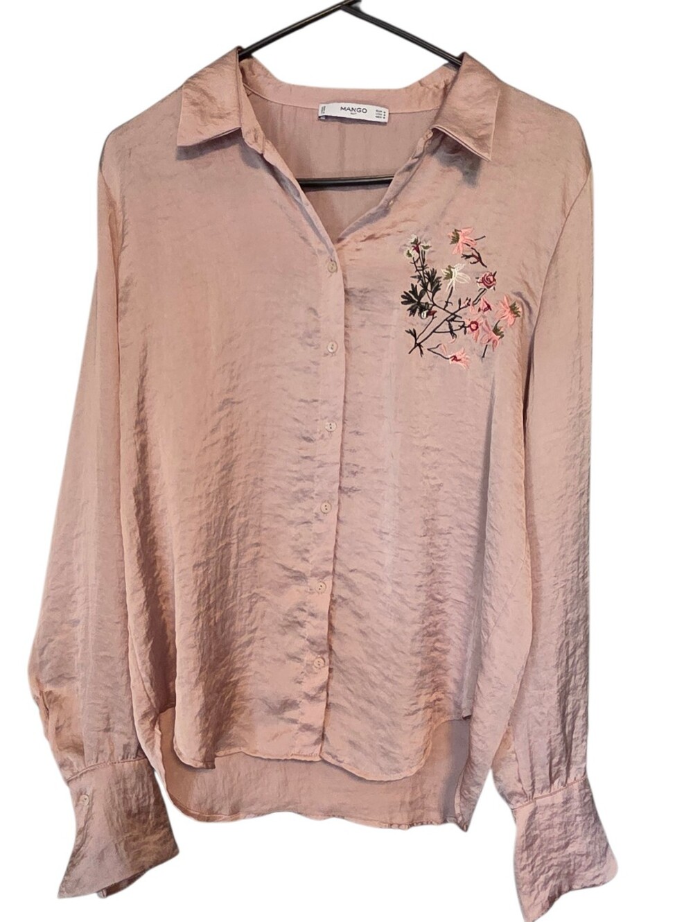Mango Pale Blush Satin Embroidered Button-Up Blouse Size M/6